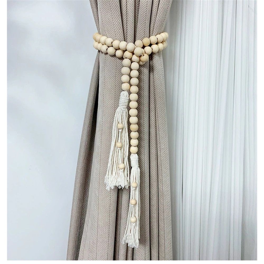 Set of 2 Farmhouse Beaded Wood Curtain Tiebacks with Tassels Housewarming Gift Window Curtain Holdbacks Tie Band for Drapes Home Party Décor Accessories