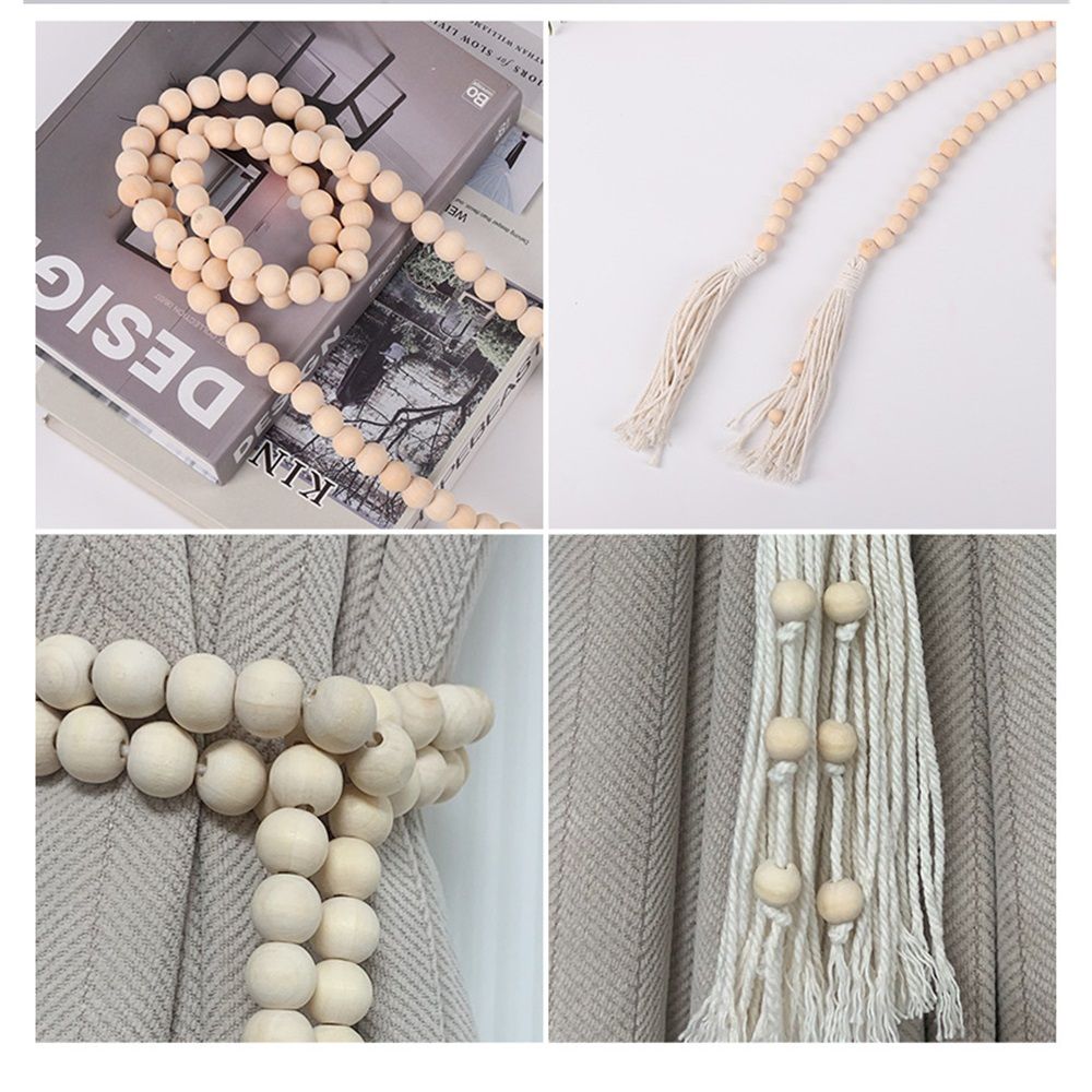 Set of 2 Farmhouse Beaded Wood Curtain Tiebacks with Tassels Housewarming Gift Window Curtain Holdbacks Tie Band for Drapes Home Party Décor Accessories