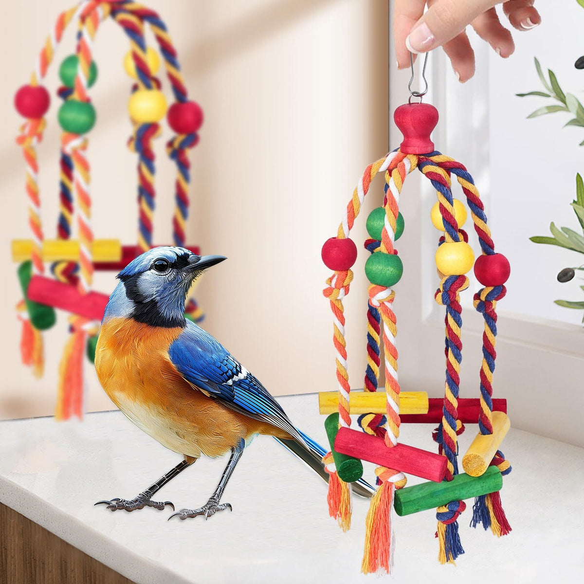 2pcs Bird toys, parrot toys, cotton rope, colorful beads, wooden blocks, gnawing strings to relieve boredom and relieve biting hair