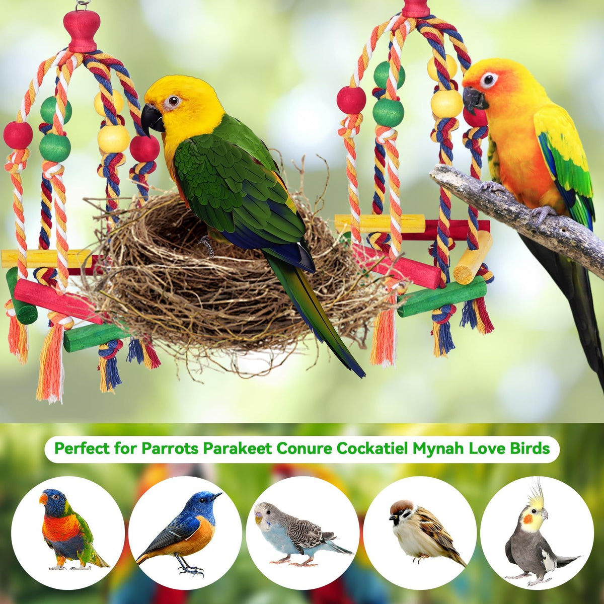 2pcs Bird toys, parrot toys, cotton rope, colorful beads, wooden blocks, gnawing strings to relieve boredom and relieve biting hair