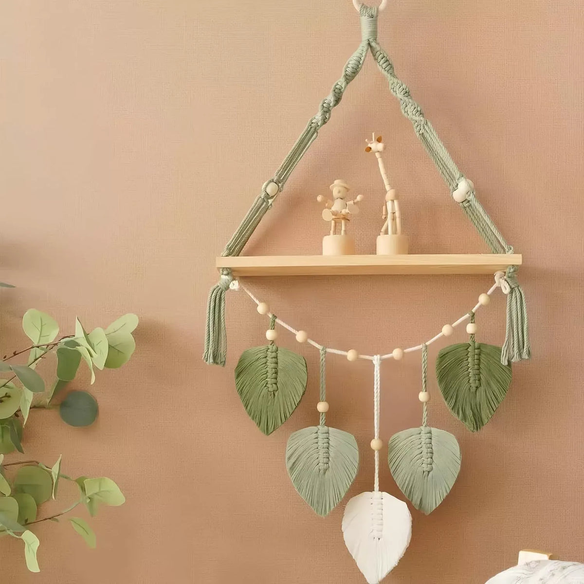 Hanging Shelves for Wall, Living Room, Bedroom - Boho Room Decor Aesthetic - Hanging Plant Shelf Decor - Floating Shelves - Rope Shelves for Bedroom Aesthetic (Green, 1 PCS)