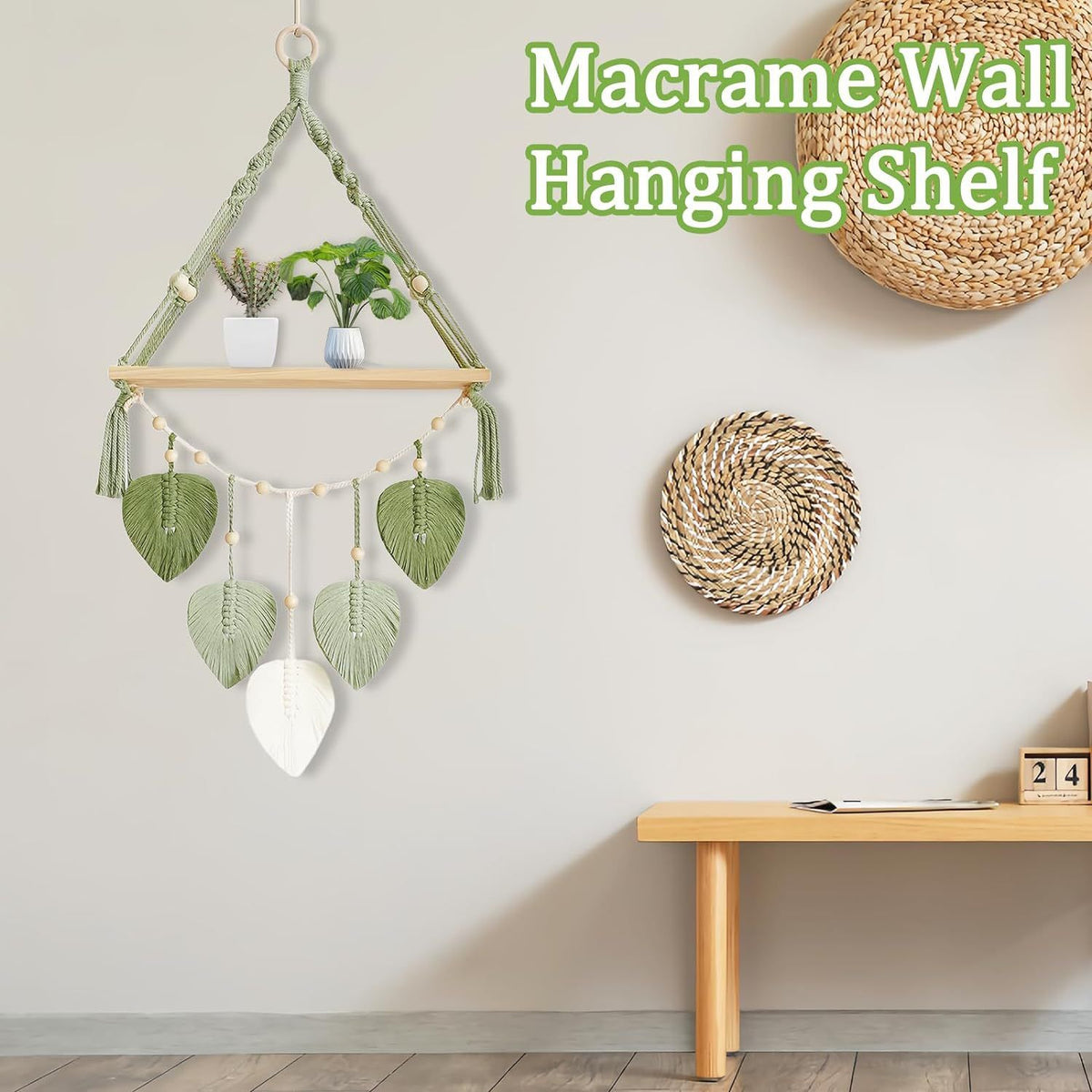 Hanging Shelves for Wall, Living Room, Bedroom - Boho Room Decor Aesthetic - Hanging Plant Shelf Decor - Floating Shelves - Rope Shelves for Bedroom Aesthetic (Green, 1 PCS)
