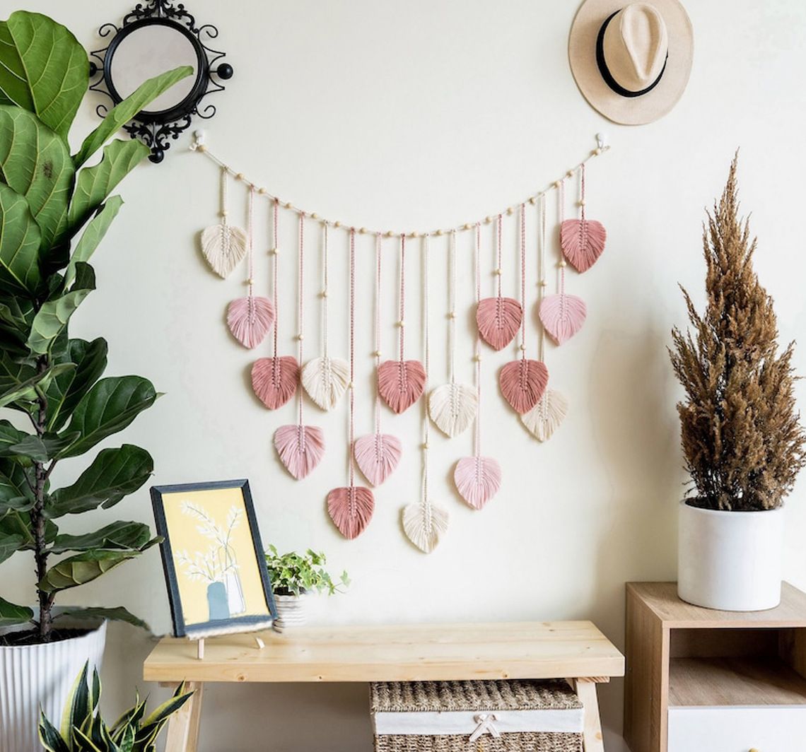 Wall Hanging Tapestry with Wood Bead and Leaf Wall Decor for Bedroom Living Room Nursery Apartment, Room Boho Style Decor Tapestry(Pink 120 * 75CM - Comes with 10 wooden clips)