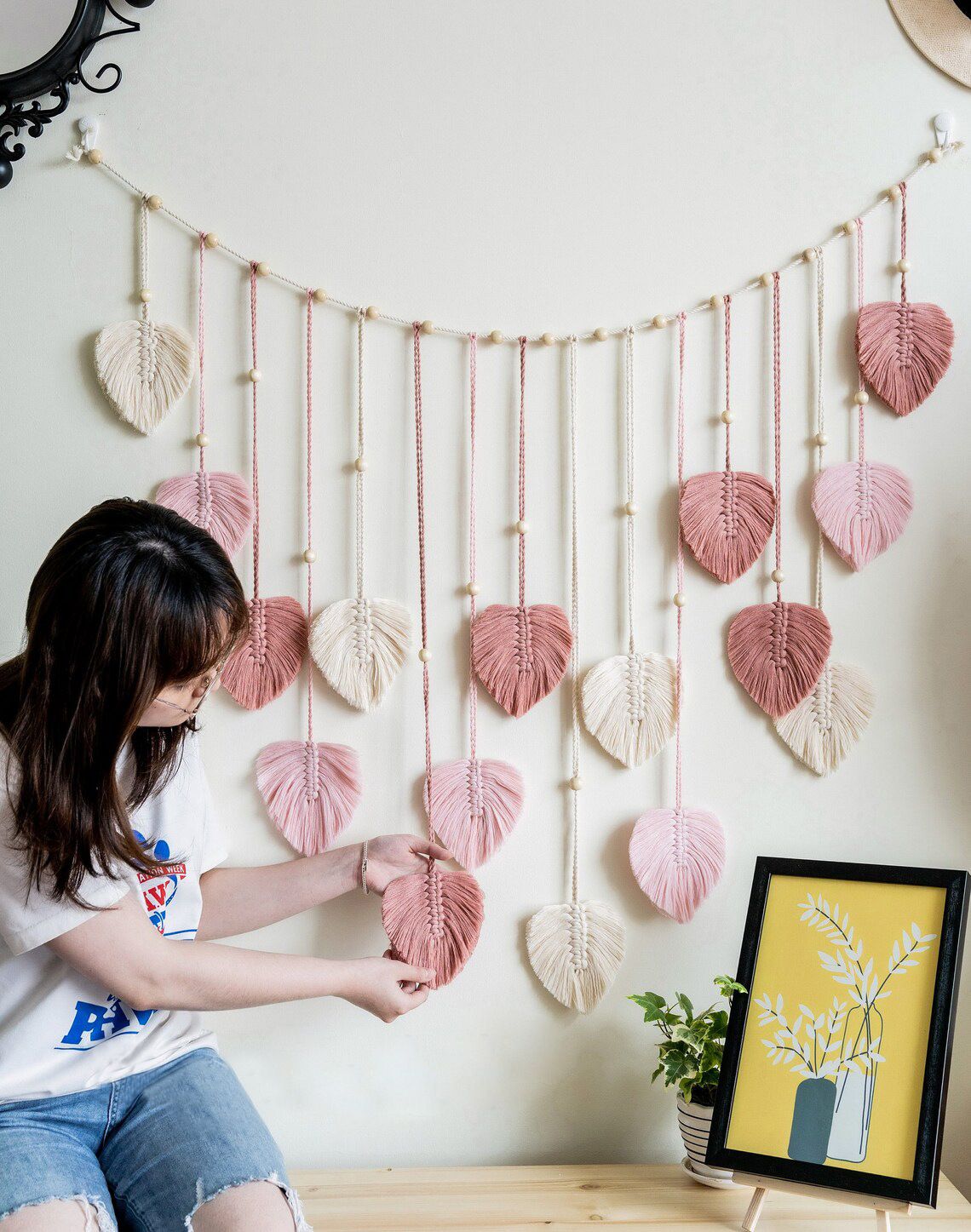 Wall Hanging Tapestry with Wood Bead and Leaf Wall Decor for Bedroom Living Room Nursery Apartment, Room Boho Style Decor Tapestry(Pink 120 * 75CM - Comes with 10 wooden clips)