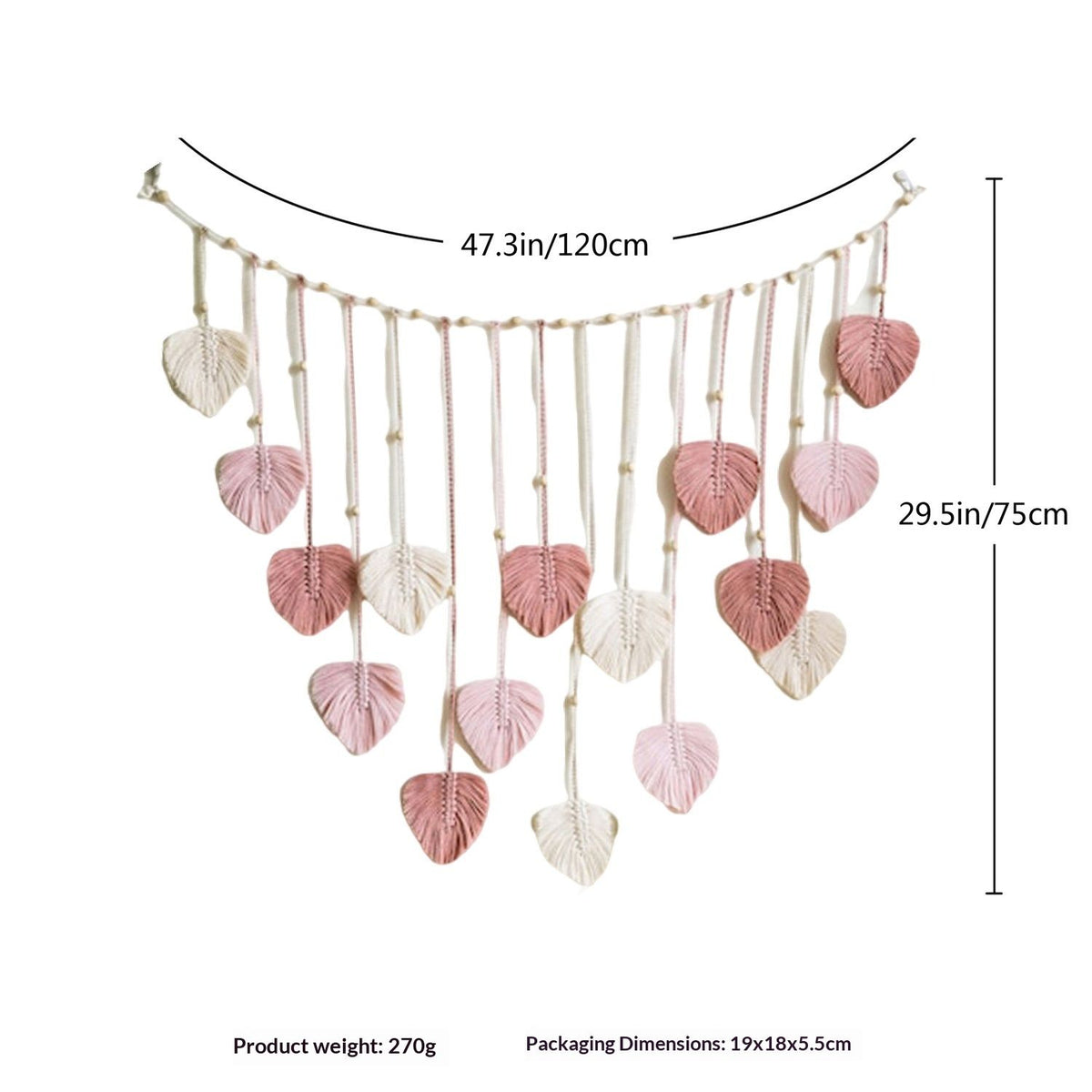 Wall Hanging Tapestry with Wood Bead and Leaf Wall Decor for Bedroom Living Room Nursery Apartment, Room Boho Style Decor Tapestry(Pink 120 * 75CM - Comes with 10 wooden clips)