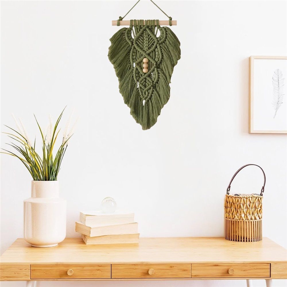 Wall Hanging Leaves,Green Woven Leaf Tapestry,Tapestry Bohemian Chic Wall Décor, Feather Walls Hanging Boho Decor for Dorm Home Bedroom Western Room Decoration Gift for Women