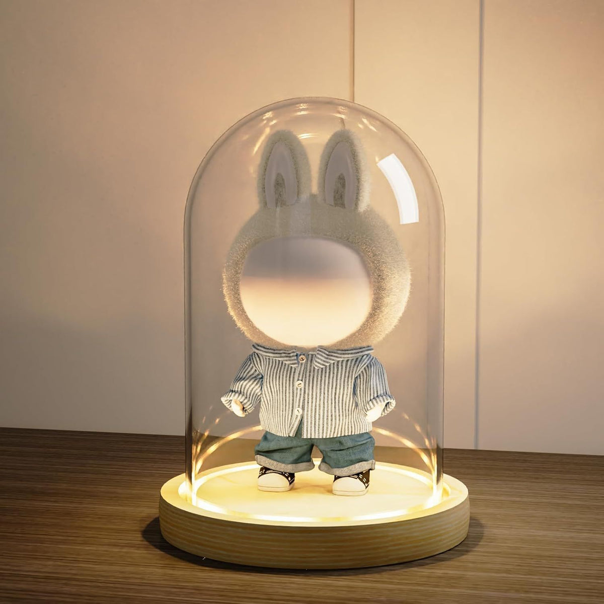 Glass niche dome with wooden LED lamp base, transparent display dome, countertop glass niche display cabinet, small statue, souvenir, plant, ideal gift（12*22cm）