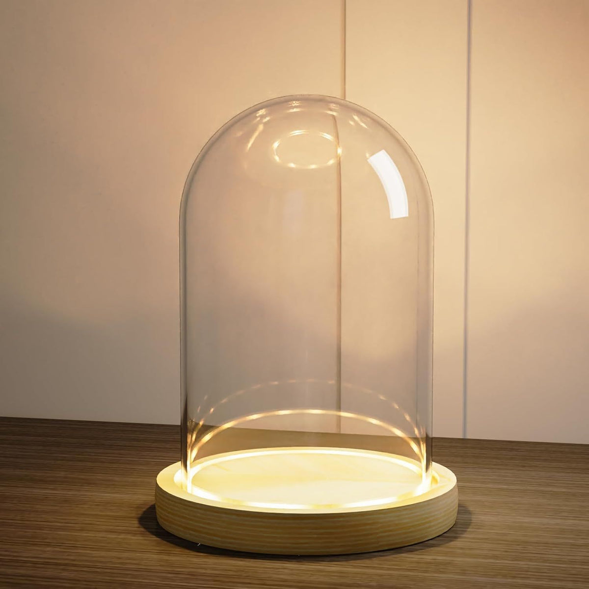 Glass niche dome with wooden LED lamp base, transparent display dome, countertop glass niche display cabinet, small statue, souvenir, plant, ideal gift（12*22cm）