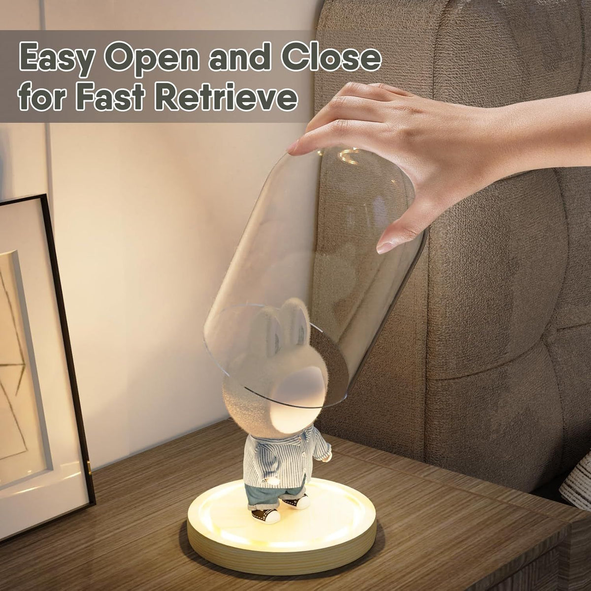 Glass niche dome with wooden LED lamp base, transparent display dome, countertop glass niche display cabinet, small statue, souvenir, plant, ideal gift（12*22cm）