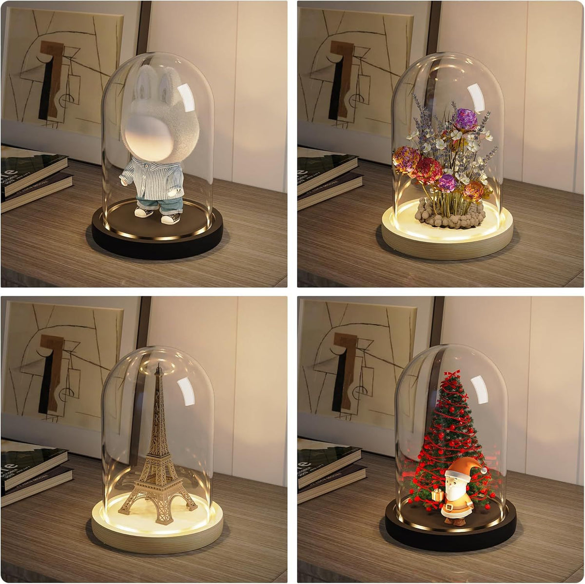 Glass niche dome with wooden LED lamp base, transparent display dome, countertop glass niche display cabinet, small statue, souvenir, plant, ideal gift（12*22cm）