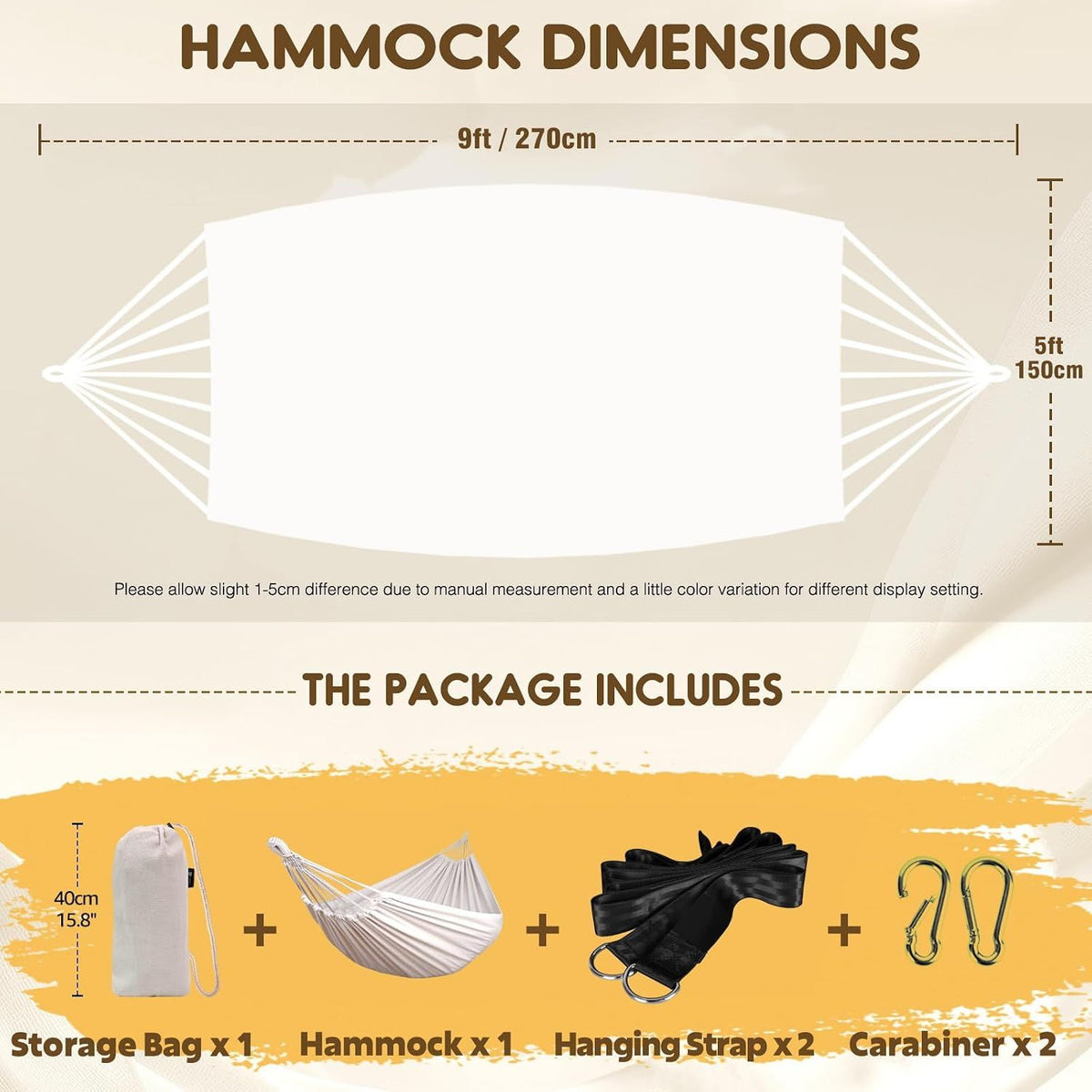 Cotton Hammock Portable Camping Hammocks for Hanging Sturdy Garden Comfortable Fabric Hammock with Tree Straps Up to 660lbs with Travel Bag for Camping Outdoor/Indoor Patio Backyard