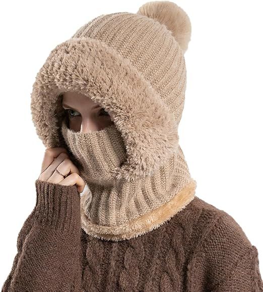 Womens Knit Beanie Hat Fleece Lined Winter Scarf Mask Set Snow Caps Plush Earmuff Skull Hats with Pompom