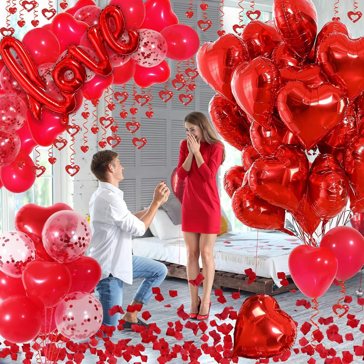 Red Valentines Day Decorations with Red Heart Balloons and Love Balloon, Fake Rose Petals for Wedding Decor, Anniversary Decorations Romantic with red Latex Balloons and Heart Hanging Decor