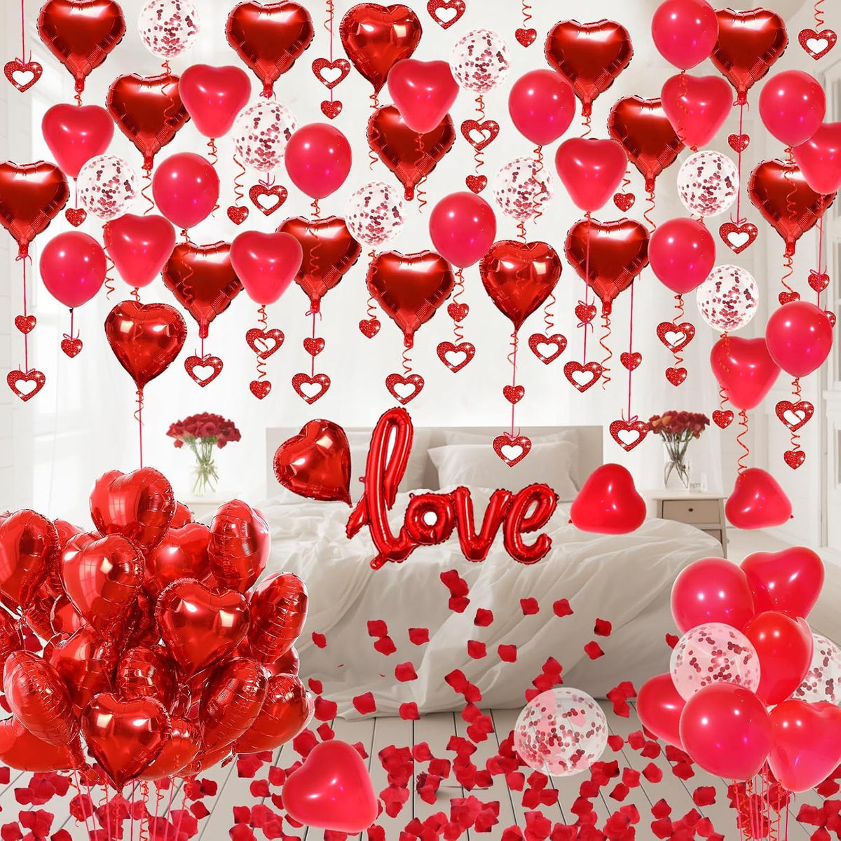 Red Valentines Day Decorations with Red Heart Balloons and Love Balloon, Fake Rose Petals for Wedding Decor, Anniversary Decorations Romantic with red Latex Balloons and Heart Hanging Decor