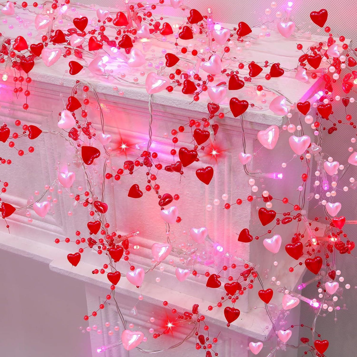2 Pack Valentines Day Decorations Pink & Red Hearts Lights, Valentine Day Garland with Light Total 13Ft 40LED Beads Hearts String Light Battery Operated Valentines Day Lights for Home Bedroom