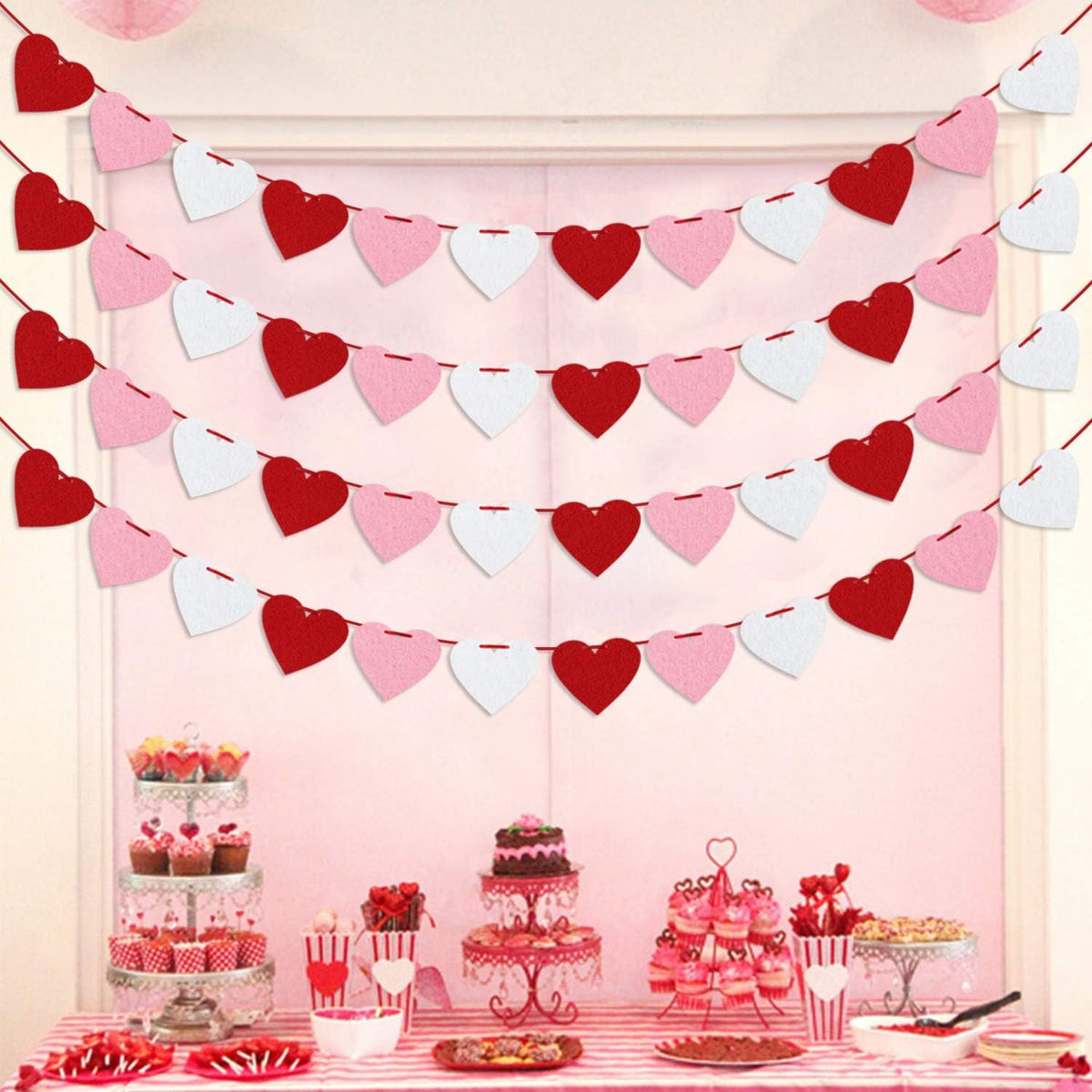 Felt Heart Garland Banner, Pre-Strung | Valentines Decorations | Red Pink White Valentines Banner | Anniversary Wedding Birthday Party Decorations | Outdoor Home Hanging Valentine's Day Decor