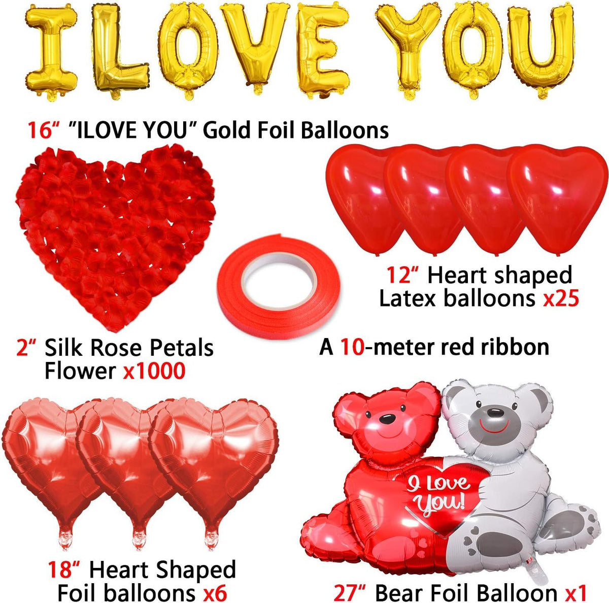 I Love You Balloons And Wedding Balloons Set,Romantic Heart Balloon Kit With 1000 Pcs Red Rose,Wedding Decoration For Anniversary Confession Proposal Birde Shower Boyfriend Girlfriend Lover