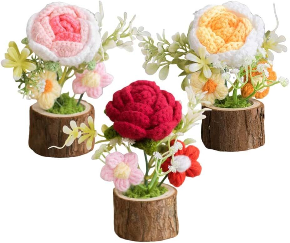 3 Set Handmade Crochet Flowers Potted Plant for Teachers Office Desk Decor,Cute Knitted Crcohet Rose Flower in Wooden Pot for Home Office Car Dashboard Decor,Rose