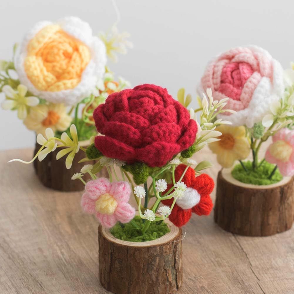 3 Set Handmade Crochet Flowers Potted Plant for Teachers Office Desk Decor,Cute Knitted Crcohet Rose Flower in Wooden Pot for Home Office Car Dashboard Decor,Rose