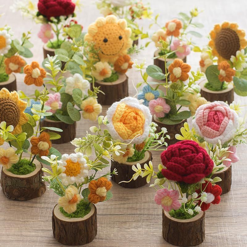 3 Set Handmade Crochet Flowers Potted Plant for Teachers Office Desk Decor,Cute Knitted Crcohet Rose Flower in Wooden Pot for Home Office Car Dashboard Decor,Rose