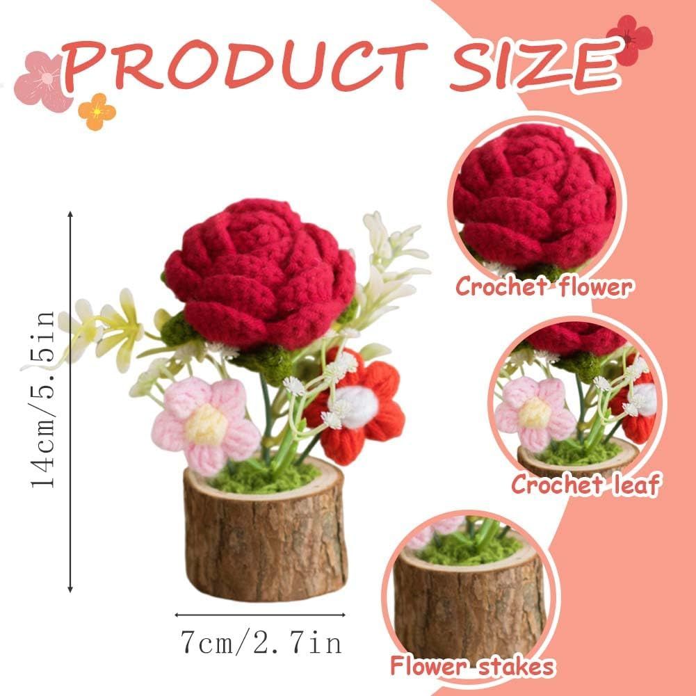 3 Set Handmade Crochet Flowers Potted Plant for Teachers Office Desk Decor,Cute Knitted Crcohet Rose Flower in Wooden Pot for Home Office Car Dashboard Decor,Rose