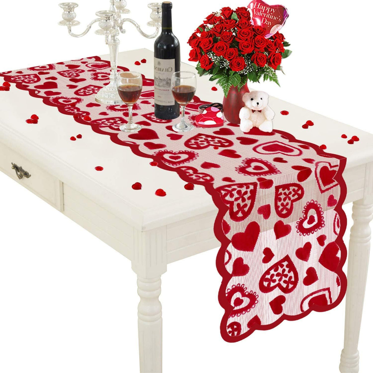 alentines Day Decor Table Runner - 13 x 72 Inch Red Lace Table Runner for Wedding Party, Valentines Decorations - Valentines Day Decor Home Romantic Decorations Heart Shaped Table Runner