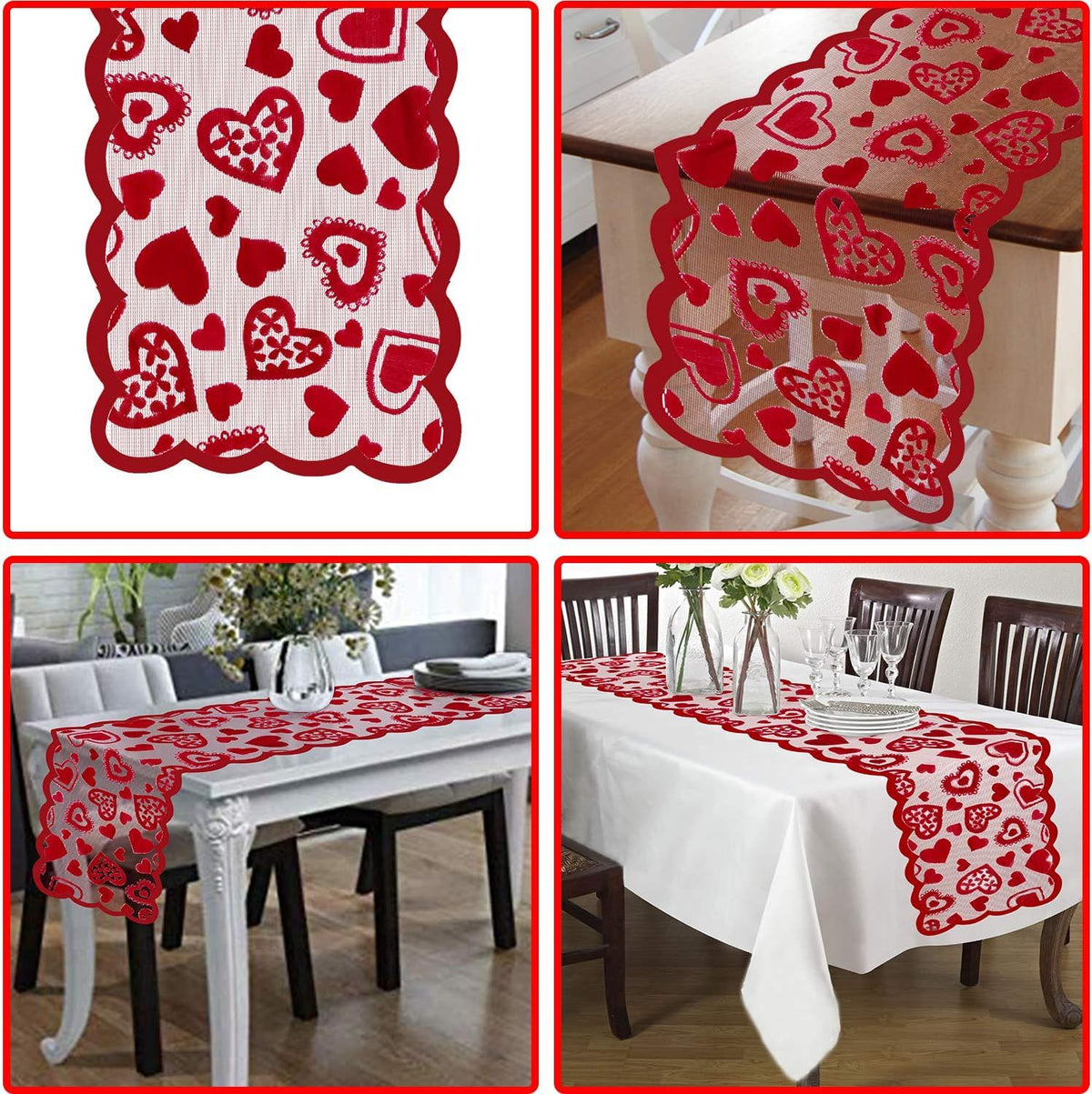 alentines Day Decor Table Runner - 13 x 72 Inch Red Lace Table Runner for Wedding Party, Valentines Decorations - Valentines Day Decor Home Romantic Decorations Heart Shaped Table Runner