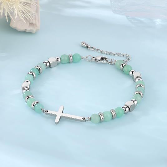 Christian Gifts for Women Cross Bracelet Faith Easter Catholic Religious Christian Jewelry, Meaningful Baptism Communion Natural Beads Bracelets