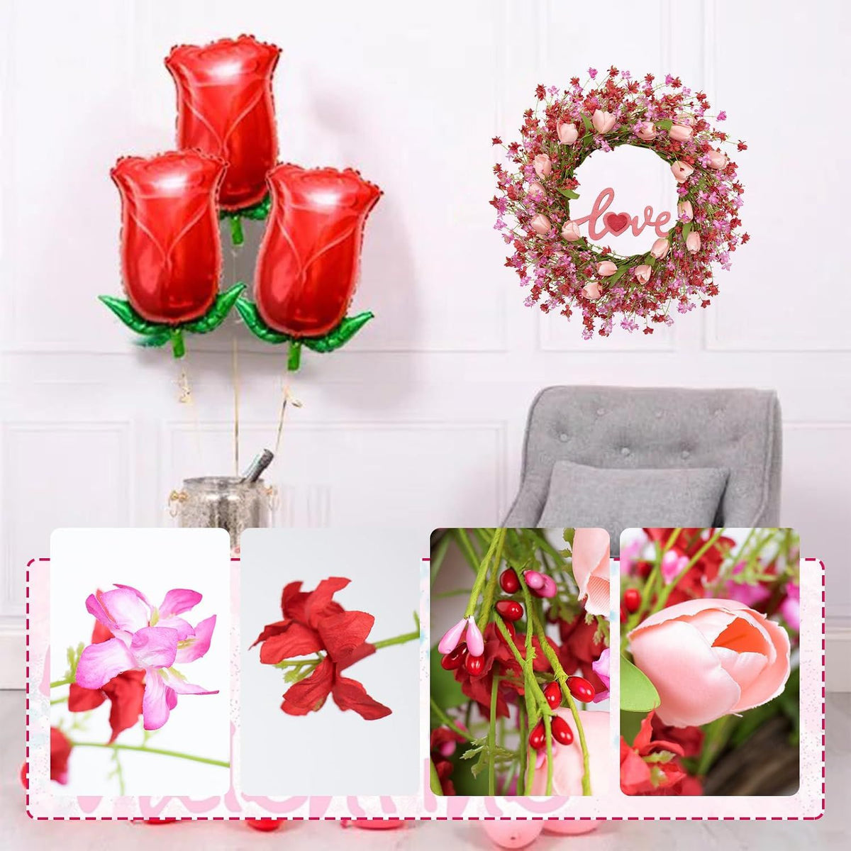 Valentines Day Wreath Decor, 22inch Artificial Pink Wreath with Tulip Berry Green Leaf Element, Valentines Wreaths for Front Door Wedding Anniversary Party Candlelight Dinner Decorations