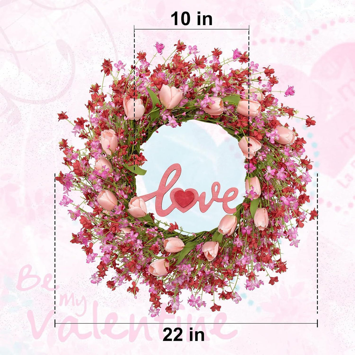 Valentines Day Wreath Decor, 22inch Artificial Pink Wreath with Tulip Berry Green Leaf Element, Valentines Wreaths for Front Door Wedding Anniversary Party Candlelight Dinner Decorations