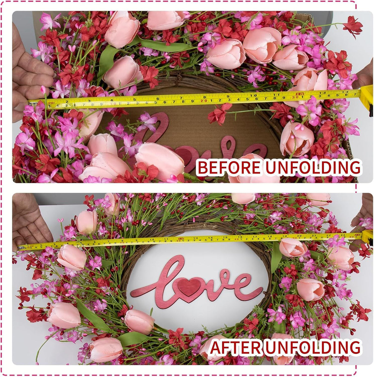 Valentines Day Wreath Decor, 22inch Artificial Pink Wreath with Tulip Berry Green Leaf Element, Valentines Wreaths for Front Door Wedding Anniversary Party Candlelight Dinner Decorations