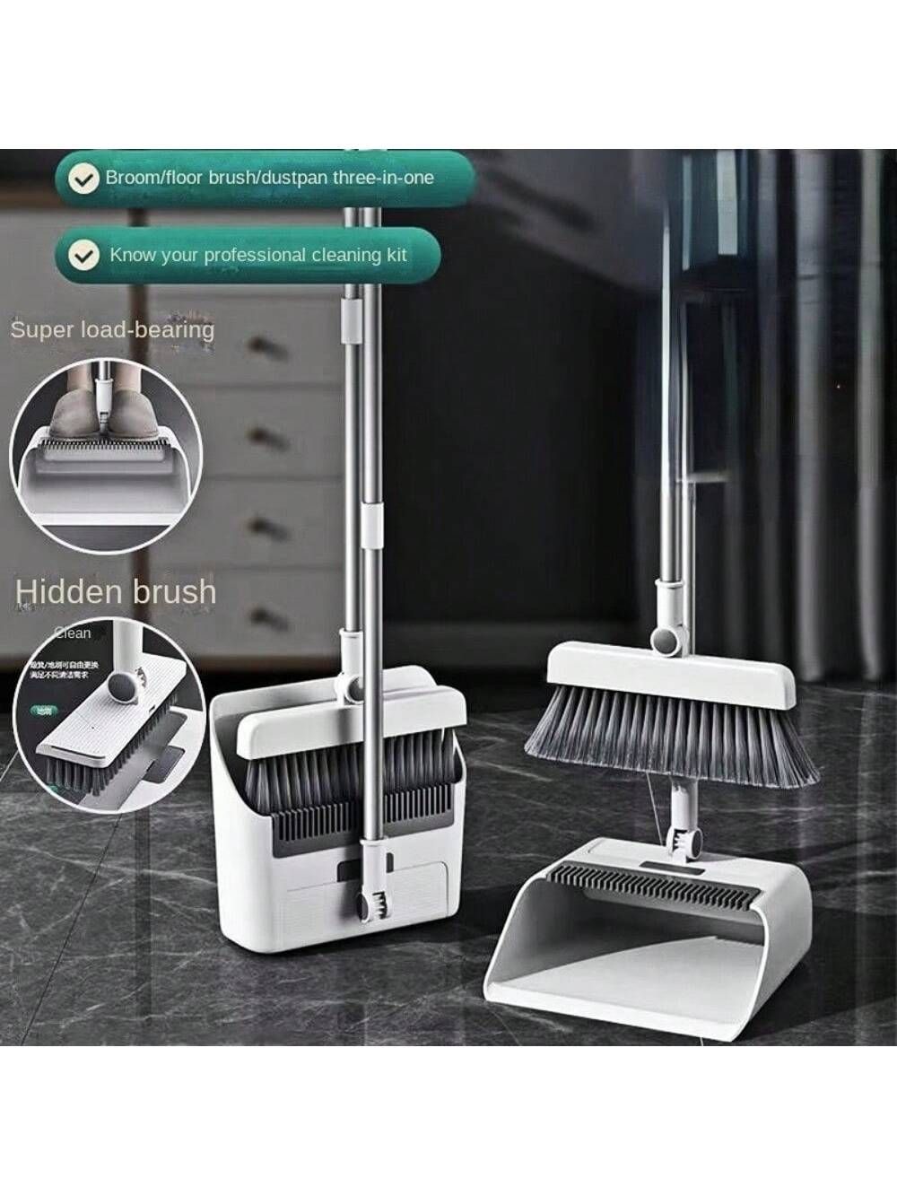 3 In 1 Broom Dustpan Combo Set Efficient Floor Brush Heavy Duty Long Handle For Indoor Outdoor Cleaning