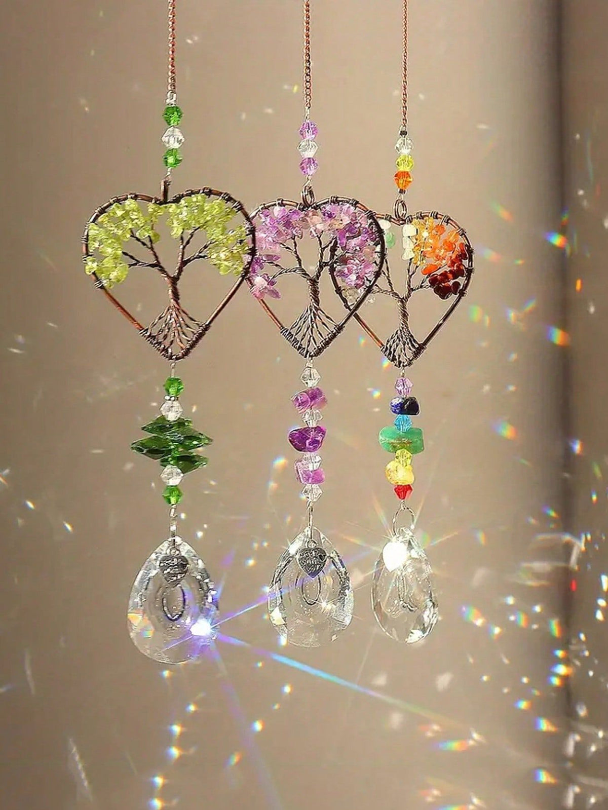 1PC Rainbow Sun Catcher Tree Of Life Heart Shaped Ornament Chakra Wheel Stone Window Ball Prism Hanging Garden Home Car Decoration Wall Decor A Ideal Valentine s Day Gift