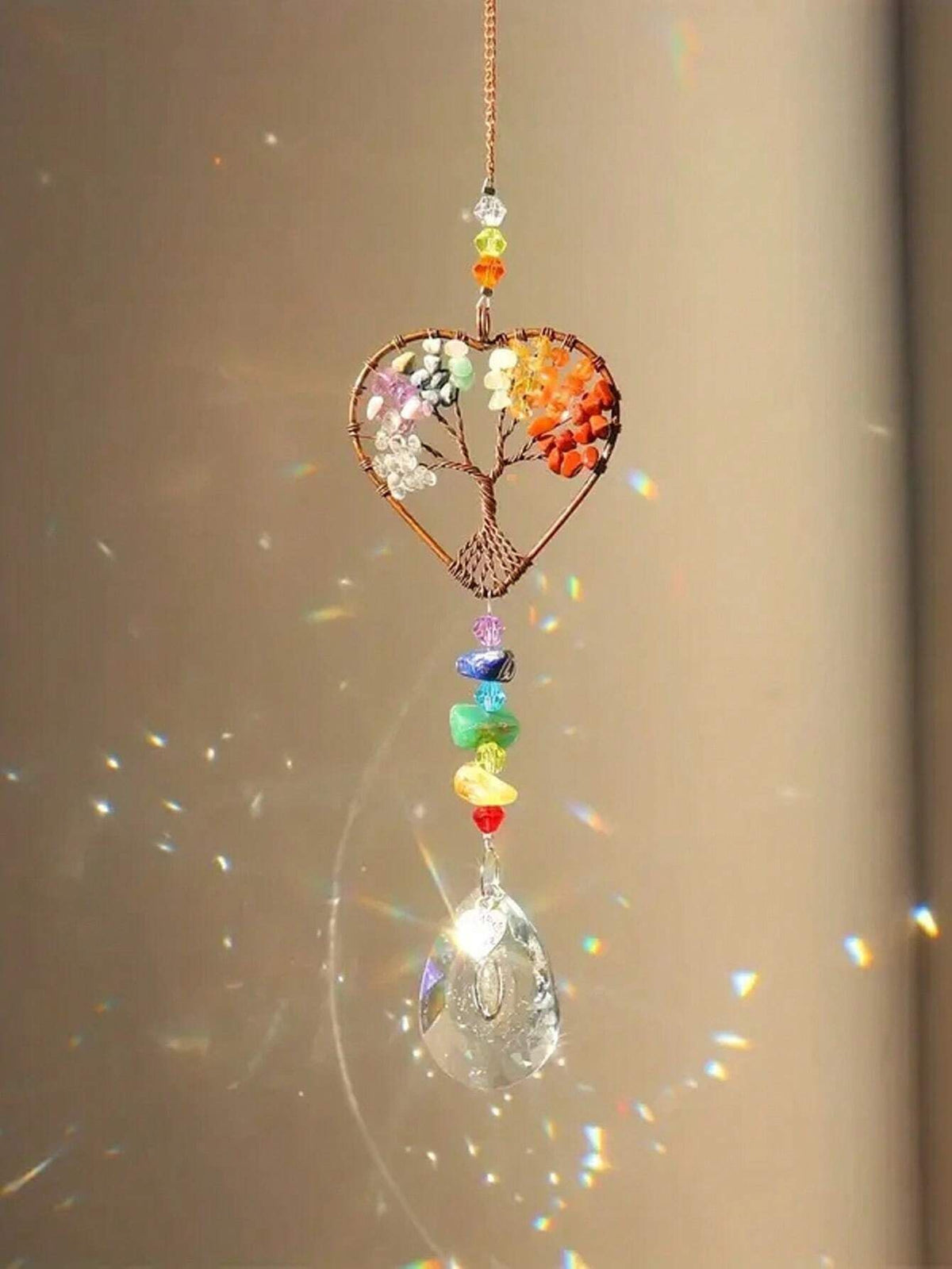1PC Rainbow Sun Catcher Tree Of Life Heart Shaped Ornament Chakra Wheel Stone Window Ball Prism Hanging Garden Home Car Decoration Wall Decor A Ideal Valentine s Day Gift