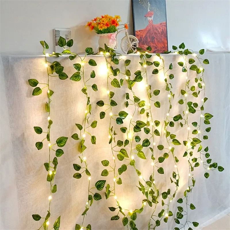 2M 20LED Green Leaf String Lights Artificial Vine for Wedding Party Christmas Home Wall Decoration Christmas Wreaths