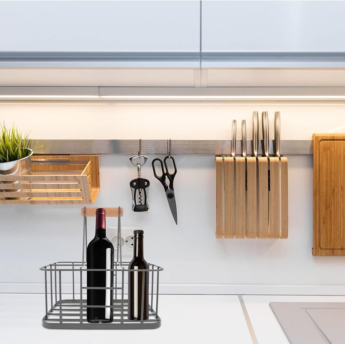 Kitchen Milk Bottle Holder Doorstep, Milk Crate, Wire Metal with Wooden Handle, Grey-Beer Basket Metal Wine Rack Basket Wine Wood
