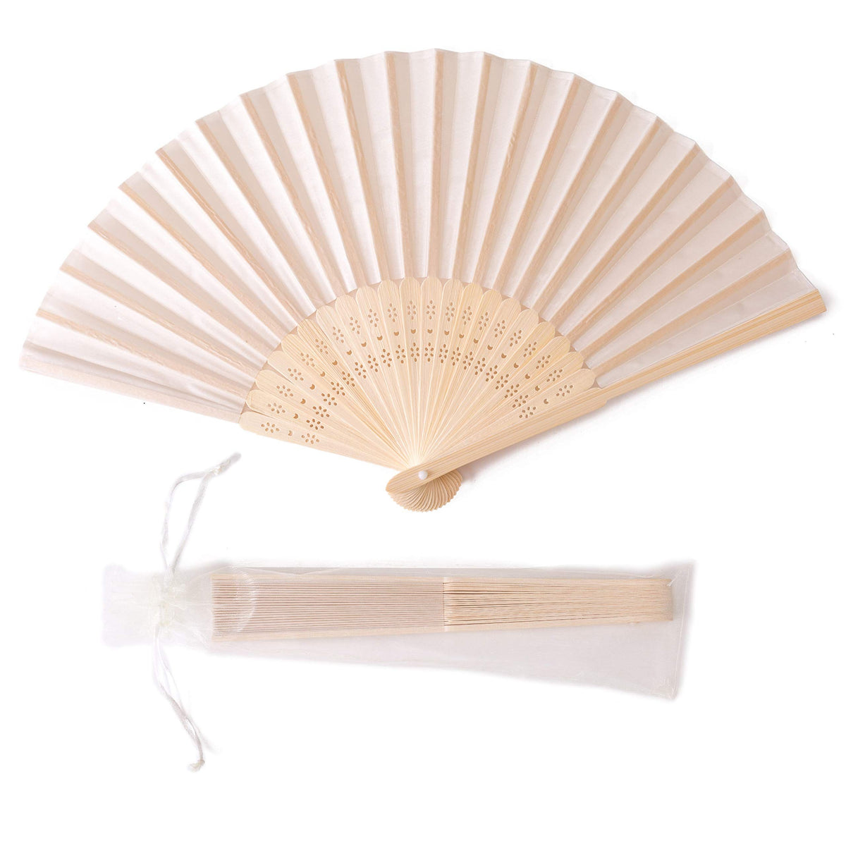 5pcs Cream-Coloured Imitated Silk Fabric Bamboo Folded Hand Fan Bridal Dancing Props Church Wedding Gift Party Favors