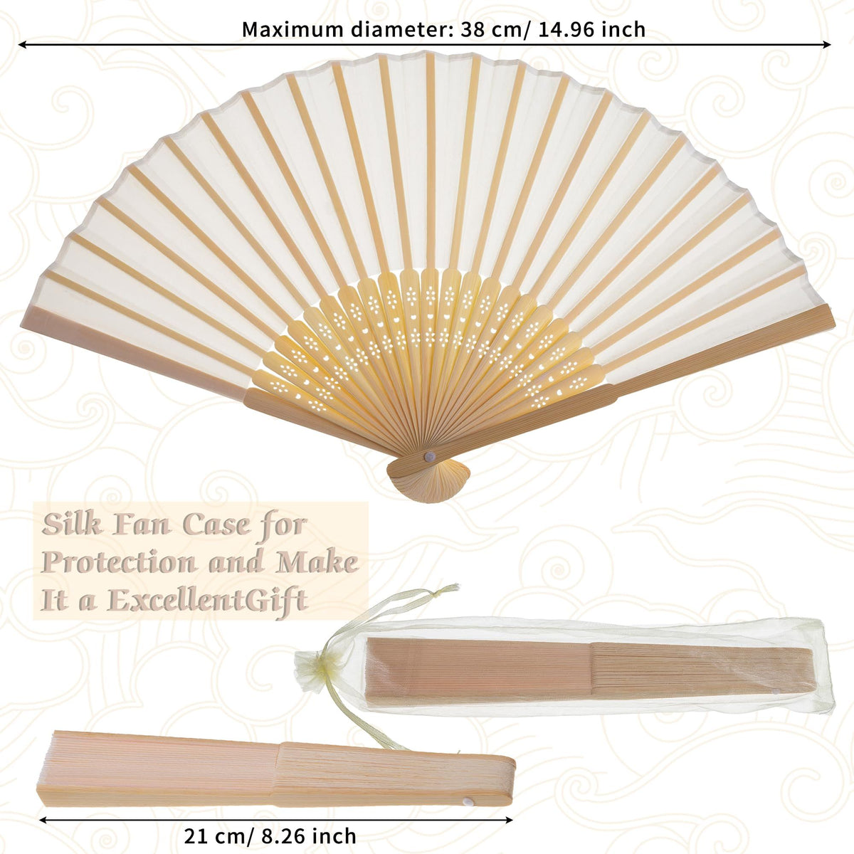 5pcs Cream-Coloured Imitated Silk Fabric Bamboo Folded Hand Fan Bridal Dancing Props Church Wedding Gift Party Favors