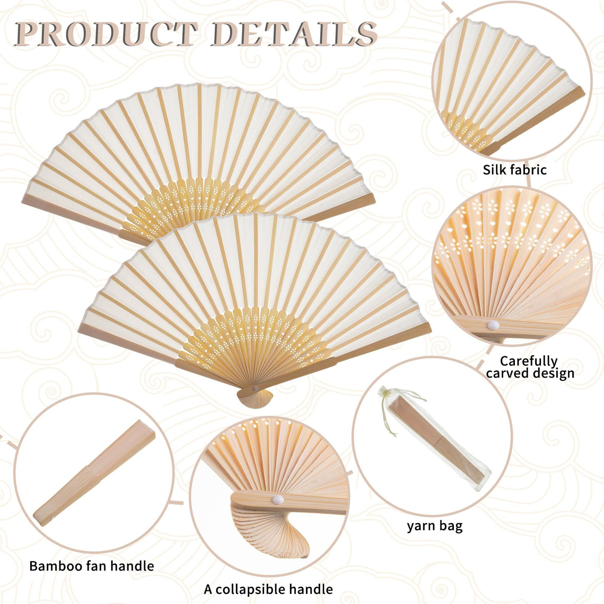 5pcs Cream-Coloured Imitated Silk Fabric Bamboo Folded Hand Fan Bridal Dancing Props Church Wedding Gift Party Favors
