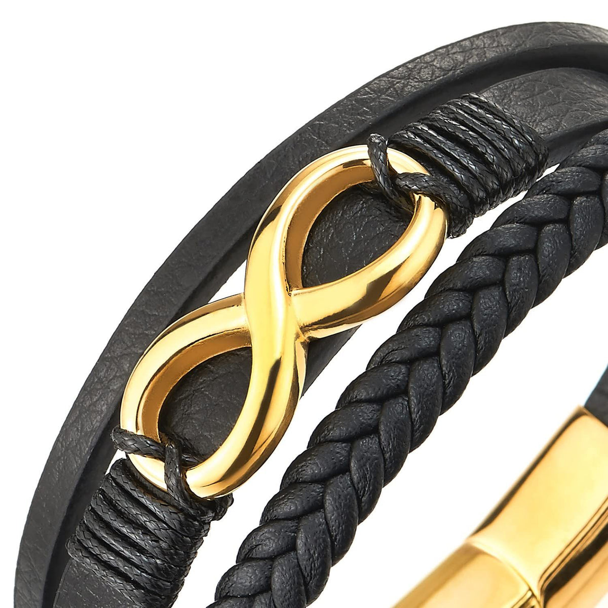 1 pcs Three-Row Infinity Love Number Friendship Braided Leather Bangle Wristband Bracelet（Black+Gold）