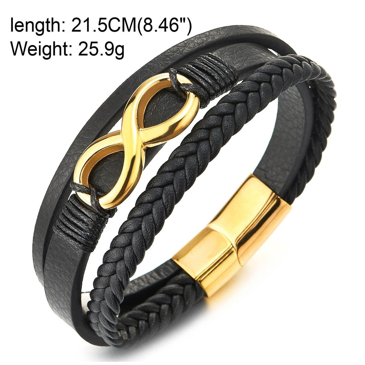 1 pcs Three-Row Infinity Love Number Friendship Braided Leather Bangle Wristband Bracelet（Black+Gold）
