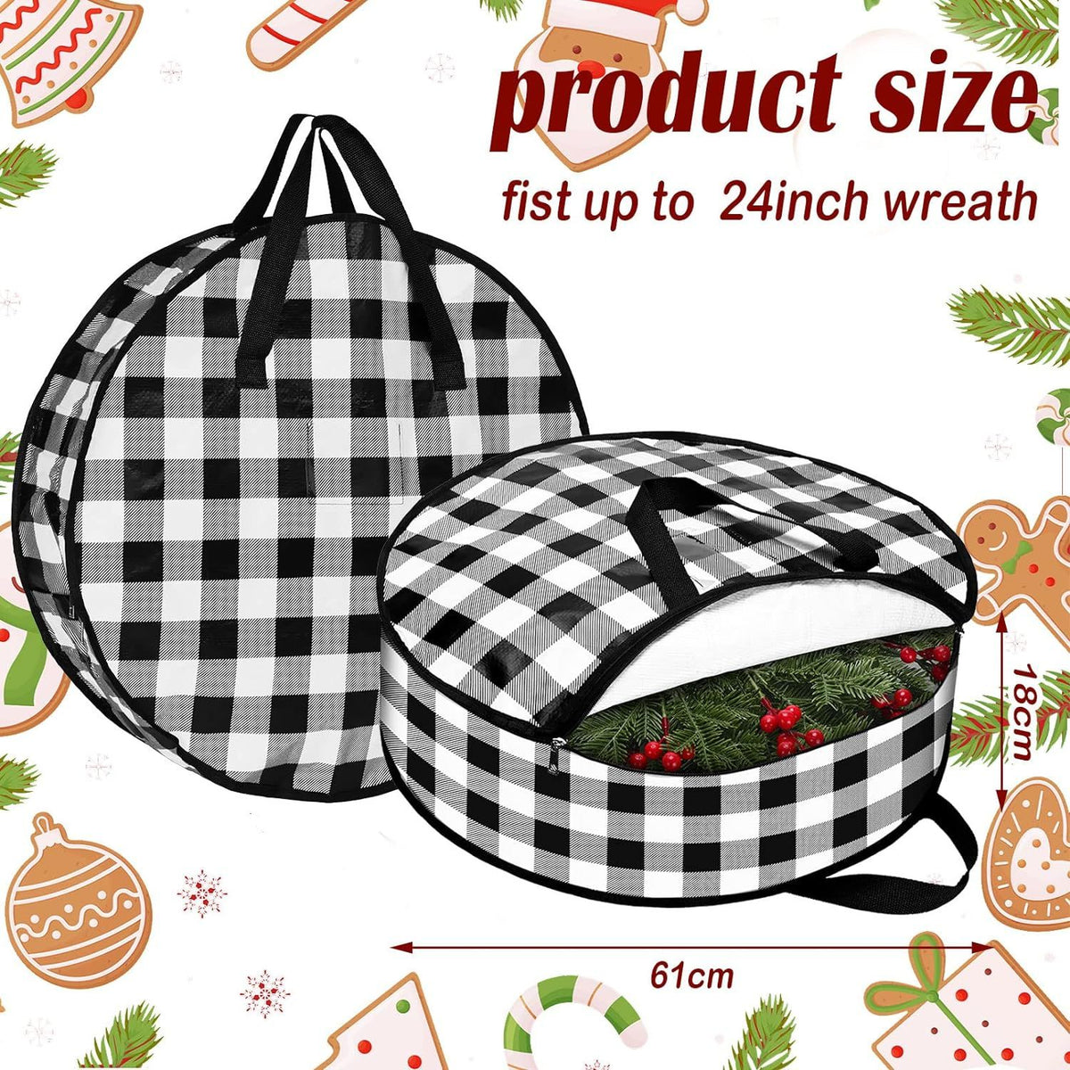 4 Pieces Christmas Wreath Storage Bag Round Buffalo Plaid Wreaths Storage Container Large Zippered (Black and White, 24 Inch)