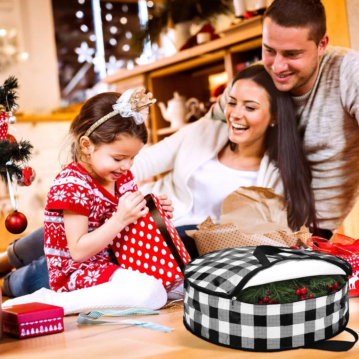 4 Pieces Christmas Wreath Storage Bag Round Buffalo Plaid Wreaths Storage Container Large Zippered (Black and White, 24 Inch)