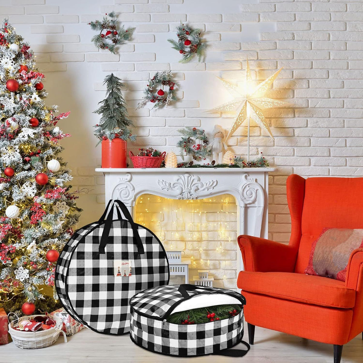 4 Pieces Christmas Wreath Storage Bag Round Buffalo Plaid Wreaths Storage Container Large Zippered (Black and White, 24 Inch)