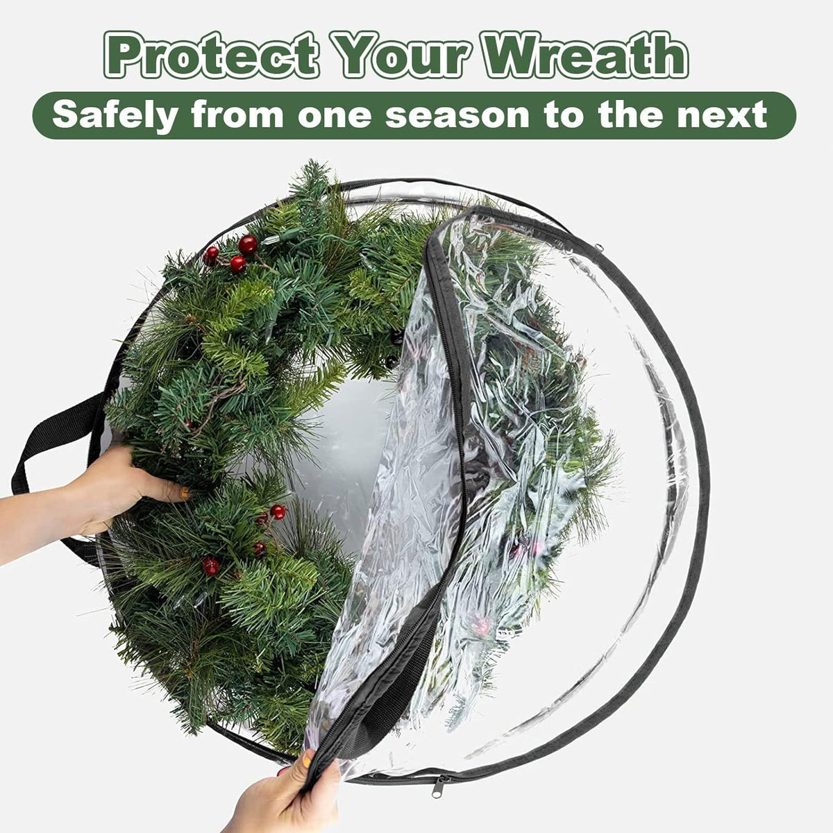 4 PCS Clear Wreath Storage Bag, 24x8 Inch Christmas Wreath Storage Container, Heavy Duty PVC Wreath Protector with Handle  (Black)