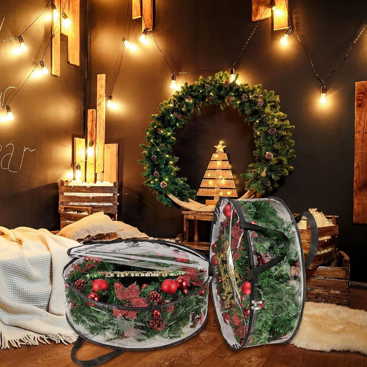 4 PCS Clear Wreath Storage Bag, 24x8 Inch Christmas Wreath Storage Container, Heavy Duty PVC Wreath Protector with Handle  (Black)