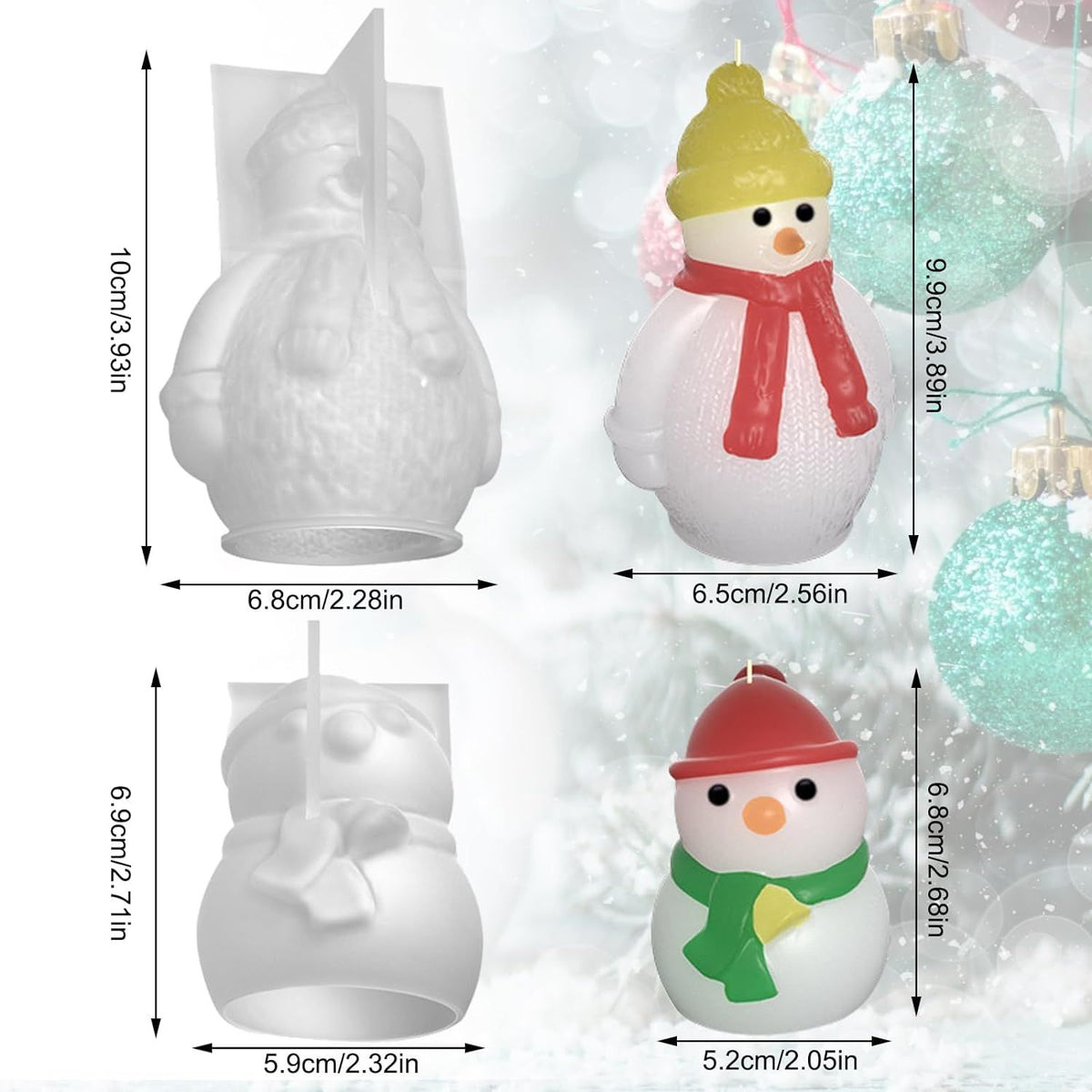 2Pcs Christmas Snowman Candle Molds, 3.9'' & 2.7'' 3D Cute Christmas Snowman Silicone Epoxy Molds for DIY Xmas Aroma Wax Candle