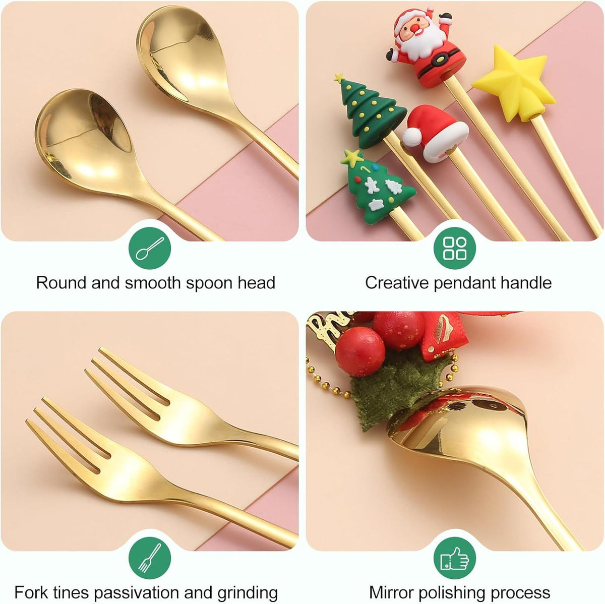Stainless Steel Christmas Coffee Spoon and Xmas Dinner Forks Set Dessert Spoon Stirring Spoon, Cake Forks Gifts, Gold 6Pcs