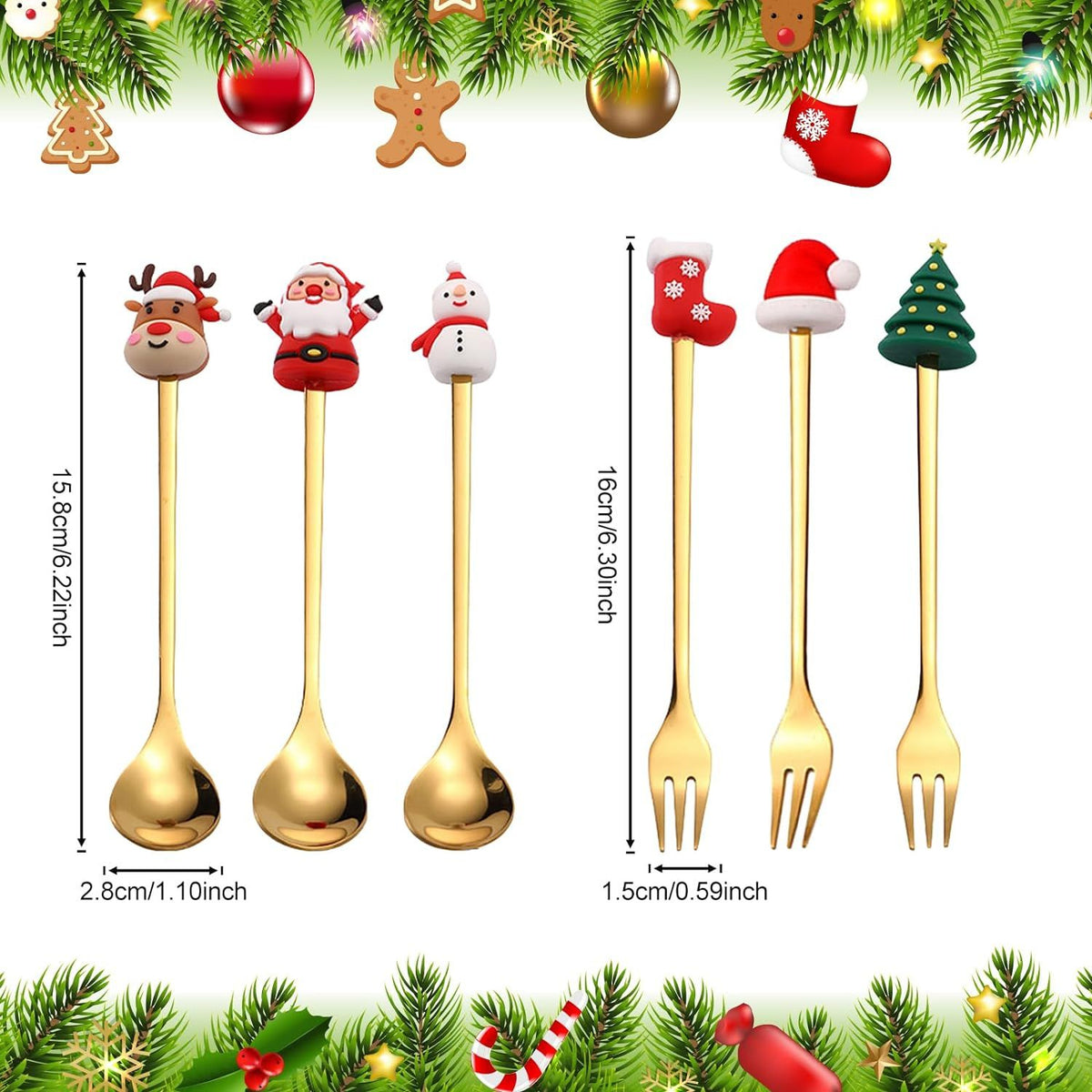 Stainless Steel Christmas Coffee Spoon and Xmas Dinner Forks Set Dessert Spoon Stirring Spoon, Cake Forks Gifts, Gold 6Pcs