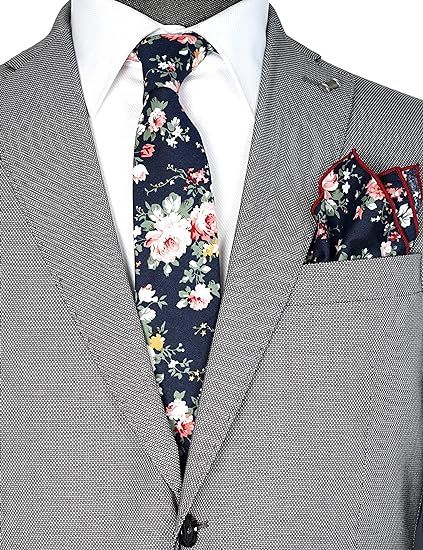 Mens Casual Skinny Floral Tie Combo Set with Flower Pocket Square  Cotton Necktie Hand Made Tie set（2pcs）